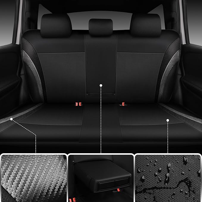 CAR PASS Carbon Fiber Leather Rear Seat Covers,Black Waterproof Back Bench Seat Cover Universal Fit for Cars Sedans SUVs Vans 95% Automotive Interior Backseat Car Covers (Rear,Black)