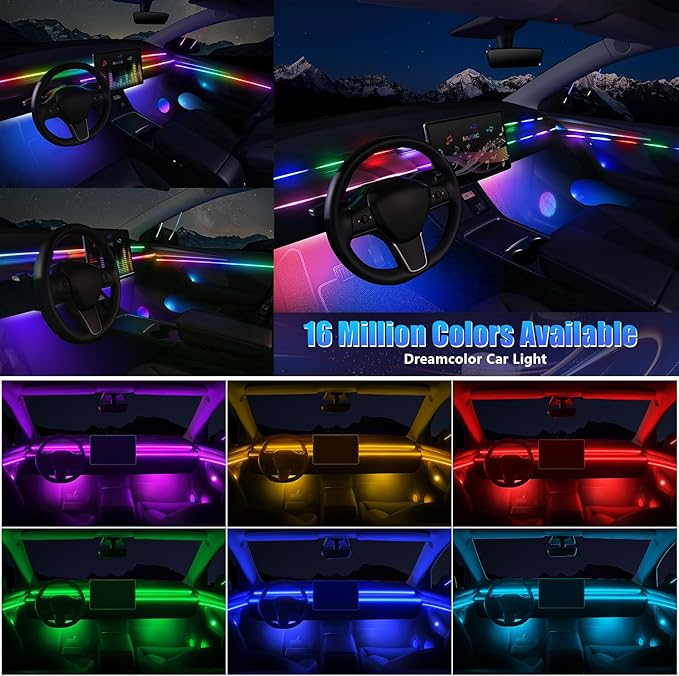 Dreamcolor Acrylic Interior Car LED Strip Light with Wireless APP, RGB 22 in 1 with 175 inches 600 LEDs Fiber Optic Car Ambient Lighting Kits, Music Sync Function Neon LED Strip for Car Accessories