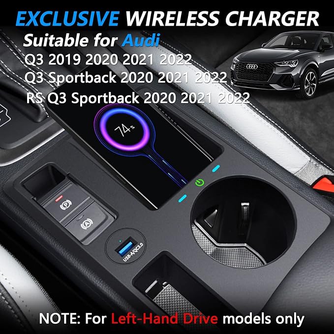 Wireless Car Charger for Audi Q3 2019-2022/Q3 Sportback 2020-2022/RS Q3 Sportback 2020-2022, 15W Qi Fast Charging Phone Charger Pad with QC3.0 USB Port for iPhone 12/13/13Pro Galaxy S22/S21