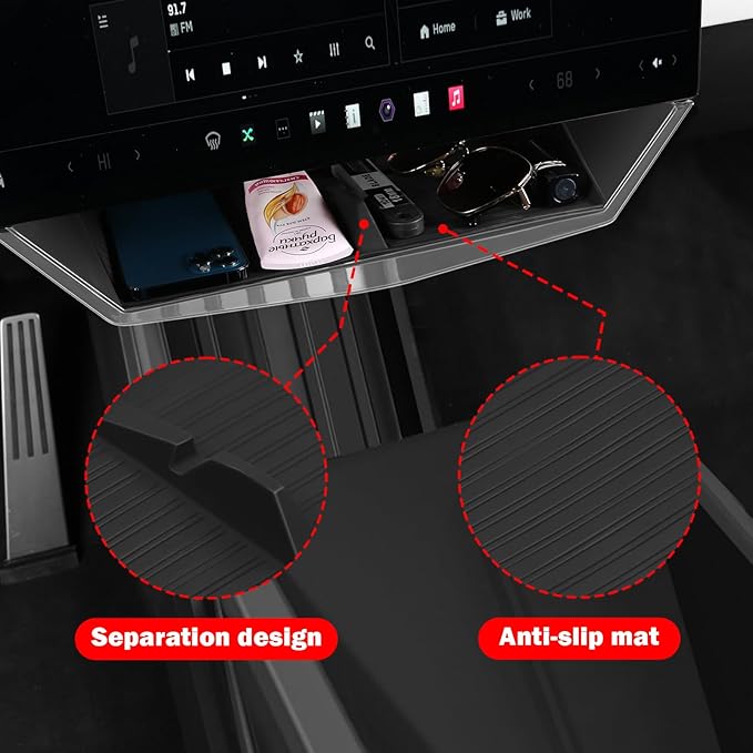 Under Screen Storage Box for Tesla Cybertruck 2024 2025 2026, Center Console Hidden Dashboard Organizer Tray with Anti-Slip Liner, Cybertruck Interior Accessories