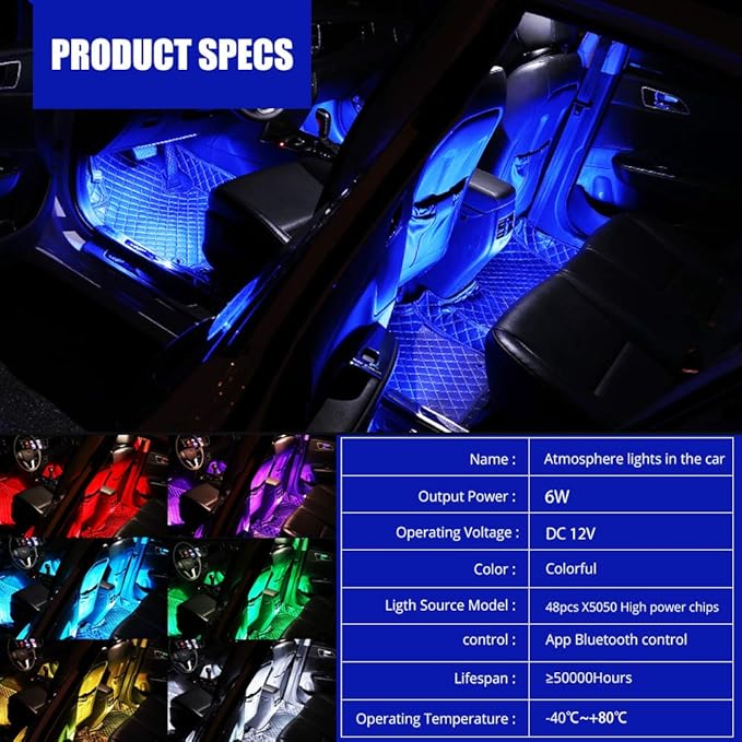 Atmosphere LED Car Lights,4pcs 48 LEDs RGB Bluetooth APP Control Car Interior LED Strip Music Lighting Kits for DIY Indoor Party.Car Cigarettet,DC 12V.