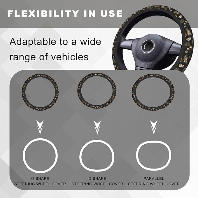 Black Mushrooms Steering Wheel Cover, Cute Funny Anti-Slip Breathable Car Accessories Interior Elastic Steering Wheel Cover for Men Women Fit Auto, SUV Vans Truck Universal 14.5-15 Inch