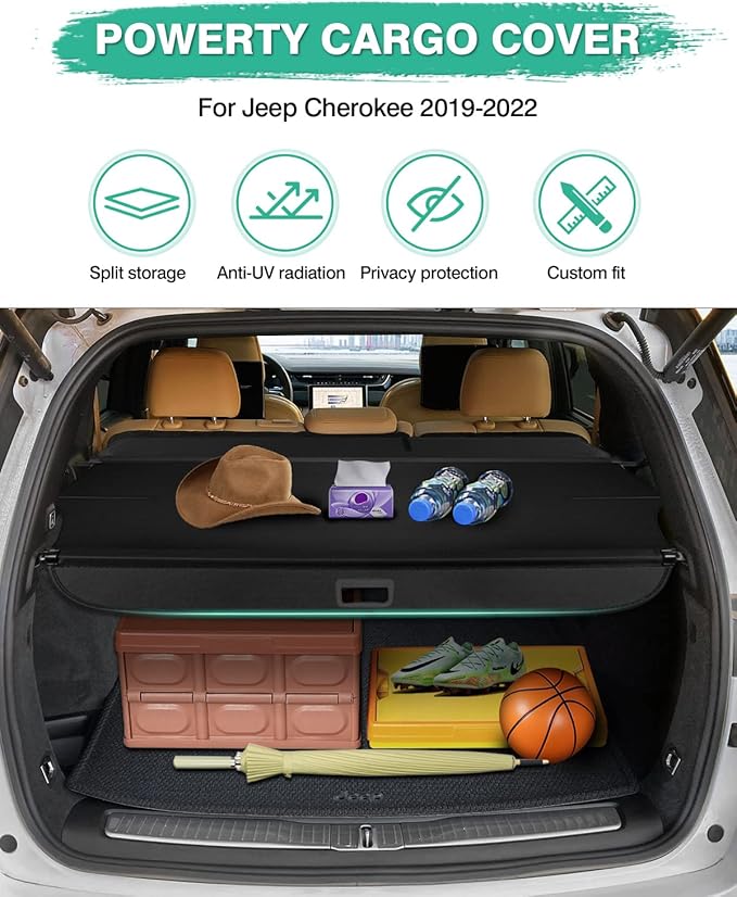 Powerty Retractable Cargo Cover for 2019-2023 Jeep Cherokee(NOT for Grand Cherokee), Canvas Texture Trunk Cover Privacy Screen Rear Security Shade for Cherokee Accessories (with Extented Cover)