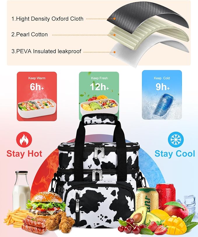 Insulated Lunch Bag for Women, Double Leakproof Lunch Box Soft Cooler Tote with 5 Pockets, 600D Oxford, EVA Lining, Adjustable Strap for Work, Picnic, Beach&Travel-Cow Print