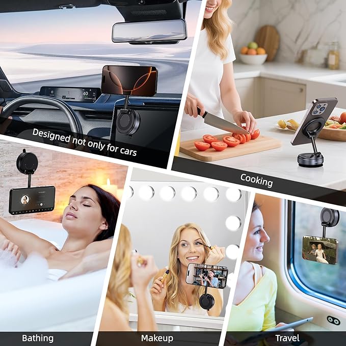 Jikasho Vacuum Magnetic Car Phone Holder for Magsafe, Hands-Free 360° Adjustable Suction Cup Phone Mount for Car/Gym/Mirror/Smooth Surface, Compatible with iPhone & Android (Silver Black)