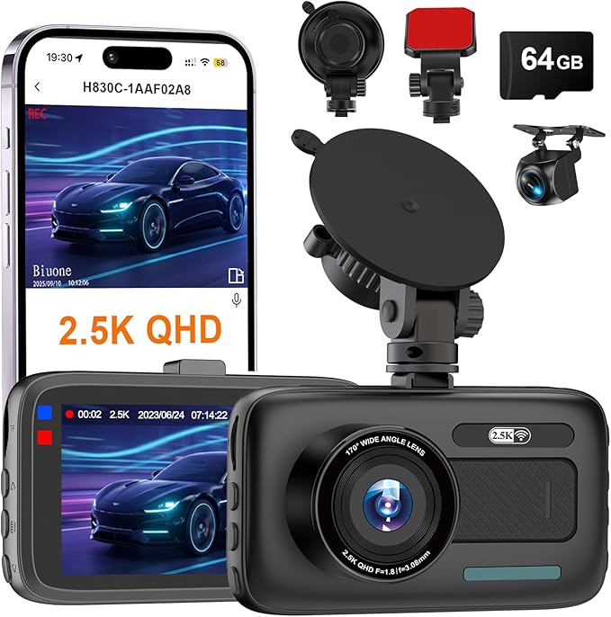 Dash Cam Front and Rear, 2.5K Dual Dash Camera W/ 64GB Card,3" IPS Screen Dash Cam Built-in 5G WiFi, Car Camera with G-Sensor, Loop Recording, Night Vision, 24H Parking Monitor,170°Wide Angle