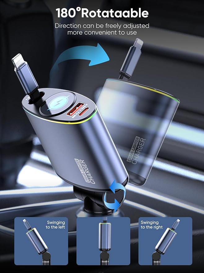 Retractable Car Charger,Topume 60W Fast Charging USB C Car Charger,Retractable Cable 2.9FT[for iPhone Cable] and Colorful Ambient Lighting car Adapter for iPhone 16/15/15 Pro Max/14/13/12/11,Galaxy