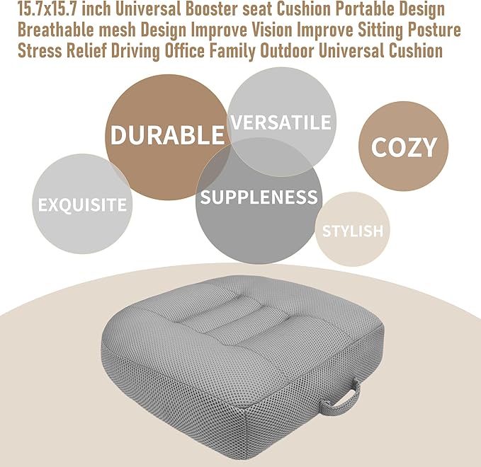 15.7x15.7 inch Adjustable Thicknes Universal Booster seat Cushion Portable Design Breathable mesh Design Improve Vision Improve Sitting Posture Stress Relief Driving Office Family Outdoor-Gray