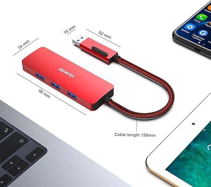 BENFEI USB 3.0 Hub, USB-C HUB, 2-in-1 USB Type-A/Type-C Hub with 4 USB 3.0 Ports [Aluminum Shell, Nylon Braided] Compatible with iPhone 15 Pro/Max, MacBook Pro/Air 2023, iPad Pro, iMac, S23, XPS 17