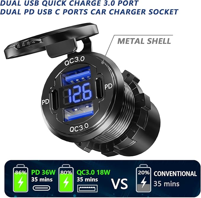 2PCS, Dual PD USB C Ports & Dual Quick Charge 3.0 Ports Car Charger Socket, VANONE Aluminum Alloy Waterproof 12V USB Outlet, Accessories for Car Boat Marine Motorcycle RV ATV Truck Golf Cart