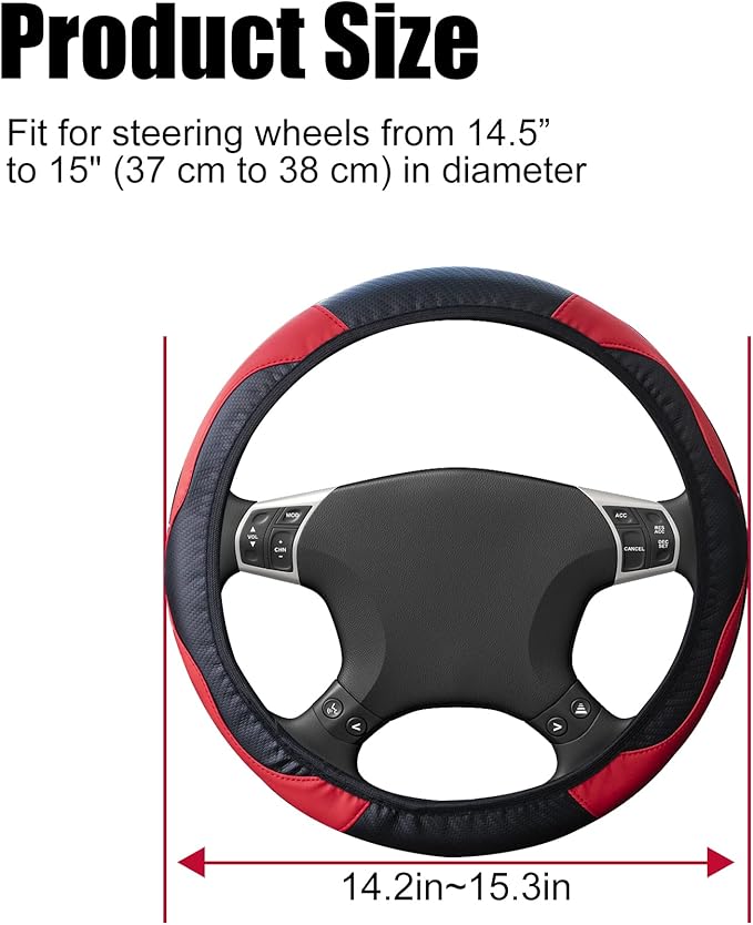 Amiss Car Steering Wheel Cover, 14.5"-15" Comfortable Anti-Slip Safety Protection Design, Microfiber PU Leather Steering Wheel Cover, Universal Fit for 95% Cars, Car Interior Accessories (Red)