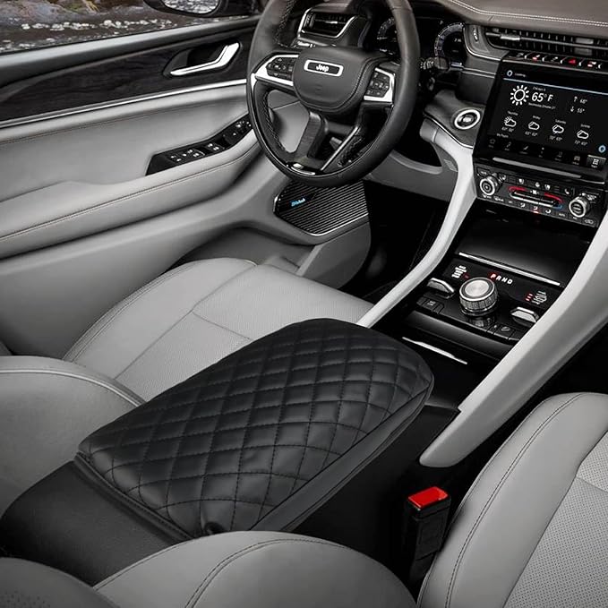 INTGET Center Console Cover for 2026 Jeep Grand Cherokee Accessories 2022 2023 2024 2025/Grand Cherokee L 2021-2026 Car Armrest Arm Rest Box Lid Pad Dog Seat Cover Protector(Black with Cushion)