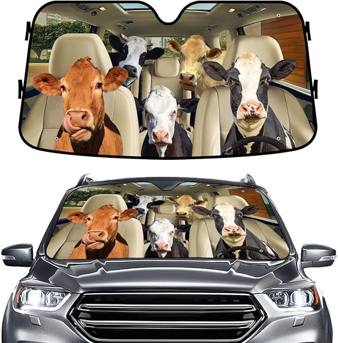 GENANY Cow Family Windshield Sun Shade for Car SUV Truck (64x32 Inches), Sun Shade Windshield, Shades for Front Windows, Protector Blocks UV, Spring Car Decor