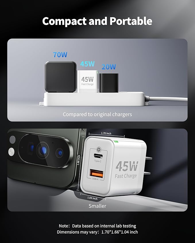 Pixel 10 9 8 Pro XL Charger Fast Charging, 2Pack 45W Dual Port USB C Super Fast Wall Charger Block with 10FT Long Type C to C Cable Cord for Google Pixel 10/10 Pro XL/10 Pro Fold/9a/9/9 Pro/8a/8/7/6/5
