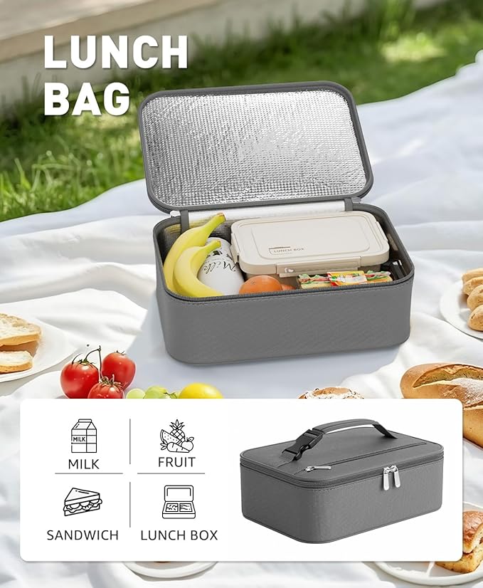 Small Lunch Box Insulated Lunch Bag for Women Men, Bento Kids Lunch Box, Compact Portable Thermal Meal Cooler Bags with Buckle Handle for Work & School, Gray 5L
