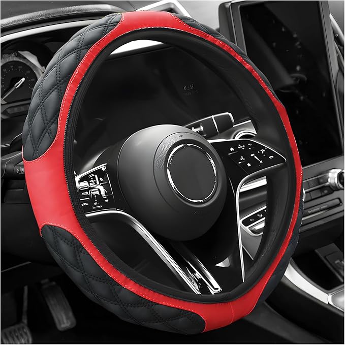 Car Steering Wheel Cover, 15 Inch Elastic Comfortable Auto Steering Wheel Protector, Anti-Slip Leather Wheel Cover Fashionable Interior Accessories for Most Cars Trucks SUVs (Black & Red)