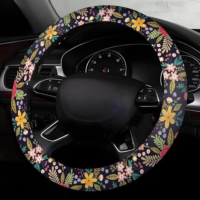 Car Steering Wheel Cover, Universal 15 Inch Neoprene Non-Slip Steering Wheel Covers, Funny Car Accessories for Women Men Fit Auto, Suvs, Truck Cute Colorful Floral