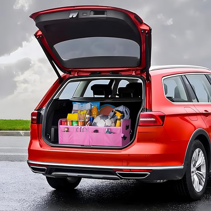 titiyiof Trunk Organizer For Suv & Sedan,Car Organizers and Storage, Waterproof Collapsible & Adjustable Straps,70L Sturdy Car Organization for Car Accessories, Tools,Sundries,2-3 Compartment（Pink
