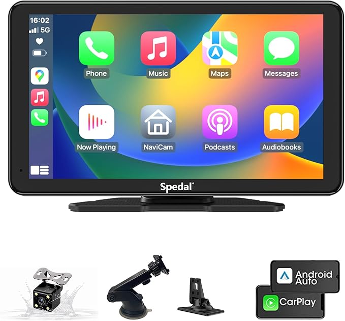 Spedal Car Play with Backup Camera, Portable CarPlay and Android Auto 7" CarPlay Screen for Car, Mirror Link/Bluetooth/Navigation/Voice Control