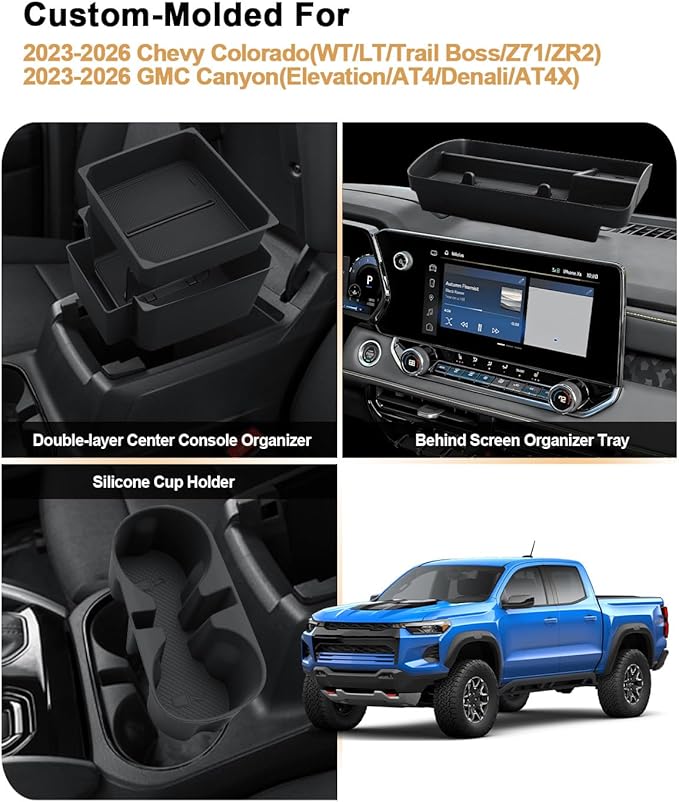 ECOZEN Center Console Organizer Set For 2023-2026 Chevy Colorado/GMC Canyon - 3 Pcs Double-Layer Armrest Organizer + Silicone Cup Holder + Behind Screen Organizer Tray For Colorado Canyon Accessories