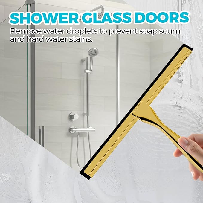 ALFLOD 2PACK All-Purpose Shower Squeegee for Shower Doors, Bath Linen Sets, Tile Shower Walls, Bathroom, Window, Glass and Car Windshield, Mirrors and Kitchen-Stainless Steel, 11.8-Inch Golden
