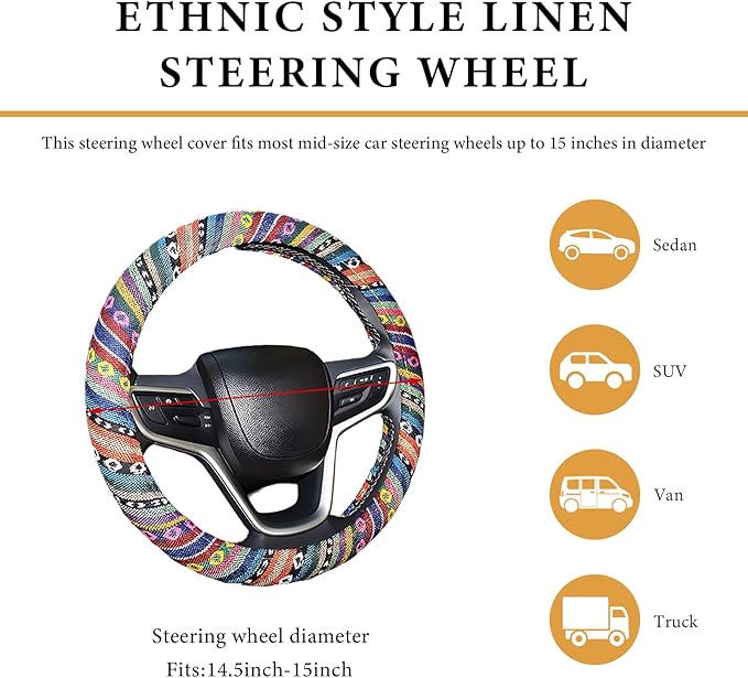 Boho Steering Wheel Cover, 15 Inch Coarse Flax Cloth Ethnic Style Anti-Slip Car Wheel Wrap, Universal Breathable Bohemian Steering Wheel Protector for Cars Vans Trucks (A)