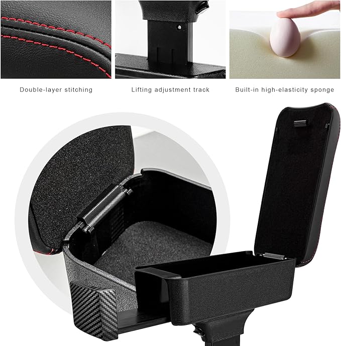 Car Armrest Storage Box with Cup Holder, Adjustable Leather Auto Seat Gap Filler Armrest Extender Pad, Liftable Forearm Wrist Support Center Console Storage Case for SUV Truck (Black & Red)