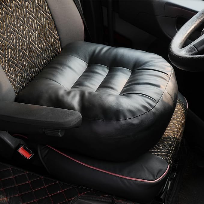 YOUFI Super Thicken Leather Car Seat Cushion for Adults - Portable Angle Lift Seat Pad with Breathable Cover, Handle, and Buckle - Ideal for Trucks, SUVs, and Office Chairs(Black)