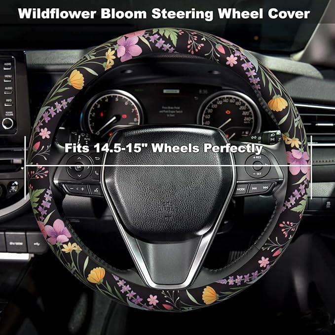 Wildflower Bloom Steering Wheel Cover for 14.5-15 Inch (37-38 cm) Wheels, Premium Fabric with Non-Slip Rubber Inner Ring (Wildflower Bloom)