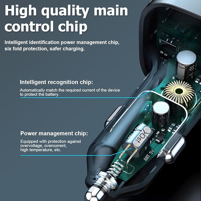 Car Charger with 6 Multi Ports USB Type C, 66W & QC3.0 Fast Charging Adapter Auto Cigarette Lighter Plug, for iPhone 15 Max Pro Samsung Android Smart Phone Tablets & More