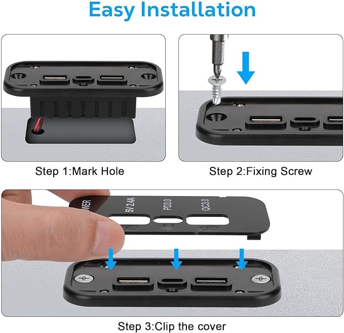 Linkstyle 3 Ports 12V USB Outlet, 18W PD3.0 Port, 18W QC3.0 & 2.4A USB A Charger Fast Charging Socket Panel for 12V/24V Car Marine RV