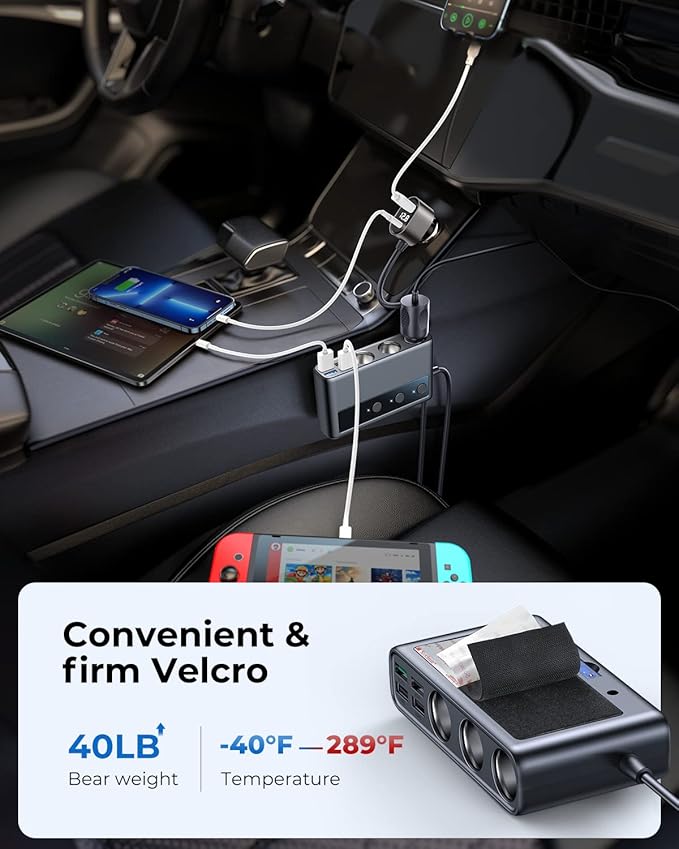 9 in 1 Cigarette Lighter Splitter, JOYROOM 210W Cigarette Lighter Adapter with PD/QC 3.0 * 2 Charge(3.3FT Cable), 12V/24V Independent Switches DC Cigarette Outlet Car Charger for All Car Devices