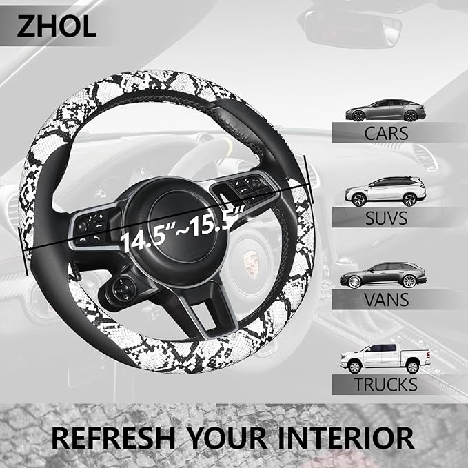 ZHOL Snake Skin Steering Wheel Cover Leather 14.5-15 Inch, Reversible Car Steering Wheel Cover for Women Men, Anti-Slip Design, Universal Fit for Cars, SUVs, Black&White
