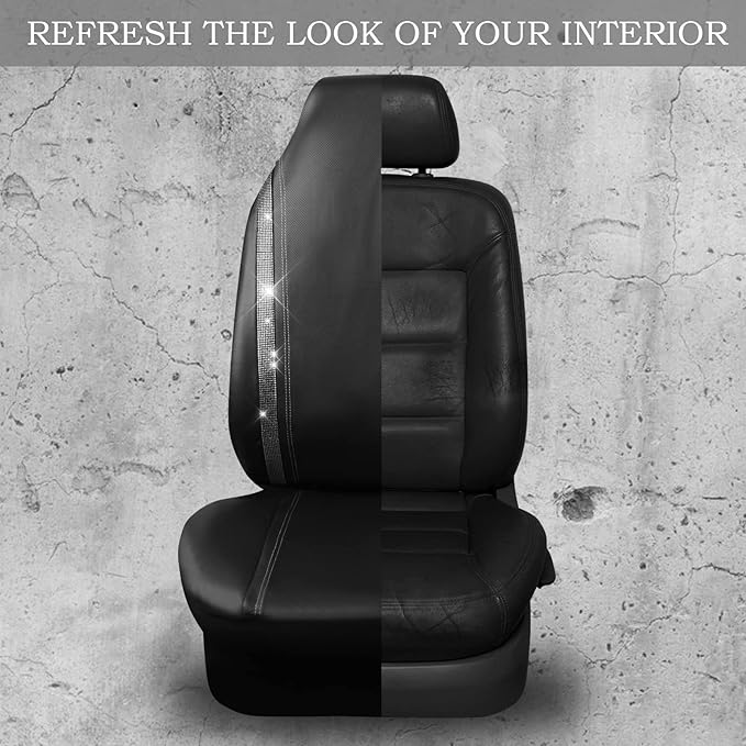 CAR PASS Leather Car Seat Covers Front Two Tesla Model 3 Model Y, Bling Waterproof Universal fit High Back Bucket Diamond Shining Glitter Crystal Sparkle, Truck SUV Cute Women Girl, Silver Rhinestone