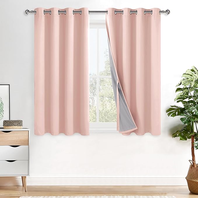 XWZO 100% Blackout Curtains with Tiebacks- Double Layer Total Shading Window Treatment Thermal Insulated Lined Drapes with Grommets for Bedroom/Patio Door, Blush Pink, W52 x L54, Set of 2 Panels
