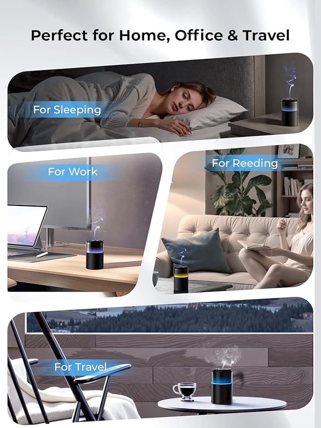 Waterless Essential Oil Diffuser: 9 Colors LED Scent Diffuser for Home&Car&Office - Portable Diffuser with 48H Battery, 4 Timers & 3 Mist Levels, Charcoal Black