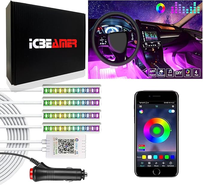 ICBEAMER RGB Interior Car Lights - Interior LED Strip Smart Phone Control APP Color Floor Matt Light w/Sound Active Function Atmosphere Under Dash/Seat Car Charger DC 12V Lighting Kit