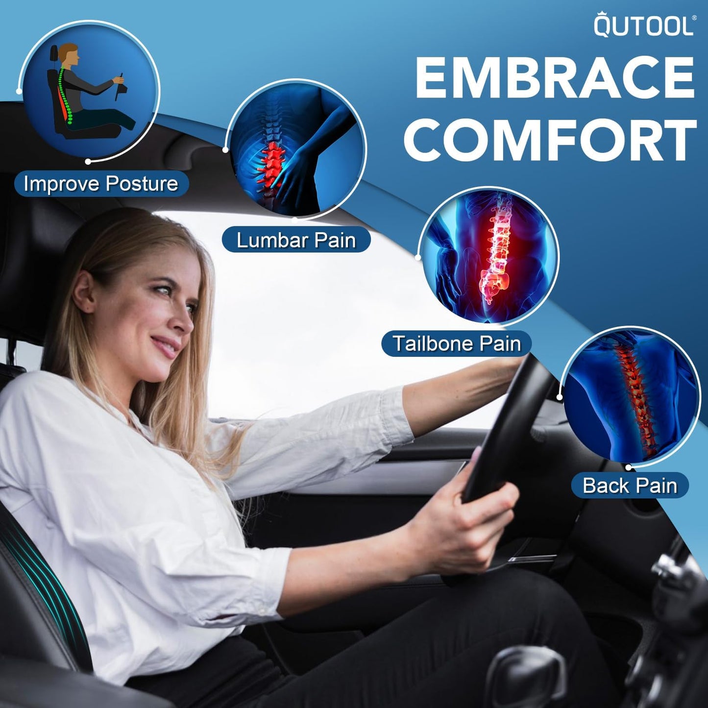 QUTOOL Lumbar Support Pillow for Car, Truck Accessories Travel Essentials, Memory Foam Back Cushion for Driving Seat, Back Pain Relief,Washable Cover, Lower Back Support Fits Most Cars(Black)