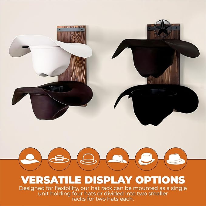 Cowboy Hat Rack for Wall | Western Hat Hanger | Rustic Wood and Metal Holder