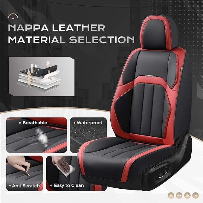 Coverado Car Seat Cover, Cover for Cars Full Seat, Premium Leather, Universal Fit Waterproof Seat Protectors, Car Seat Cushion Non-Slip for Most Cars-Black Red