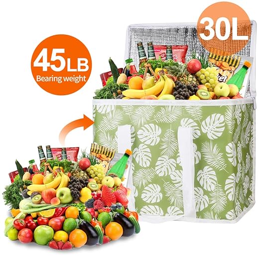 Bodaon 1-Pack Insulated Reusable Grocery Shopping Bags, X-Large Picnic Cooler Bag with Top Cold, Green-Leaf