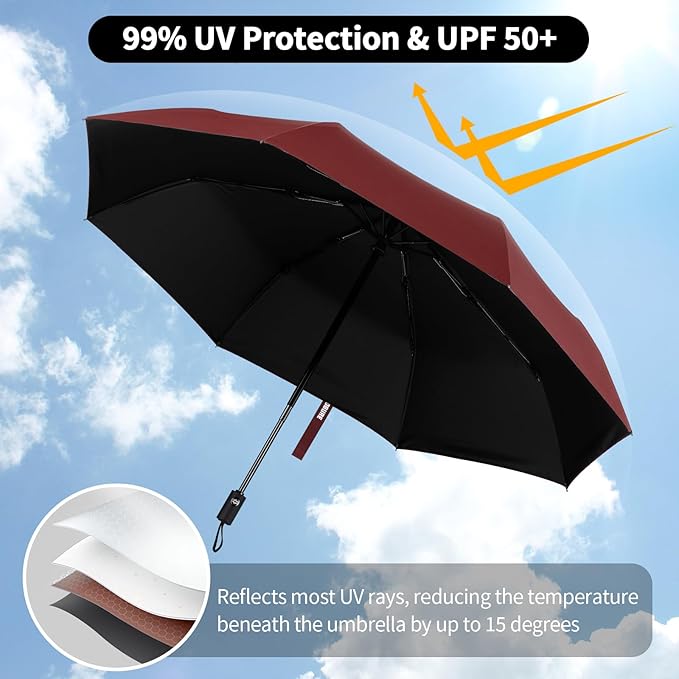Yoobure Windproof Travel Umbrella - Automatic Umbrellas for Rain, Compact Folding Umbrella with UV Protection, Lightweight Portable Design for Backpack/Walking/Car, Sun & Storm Ready