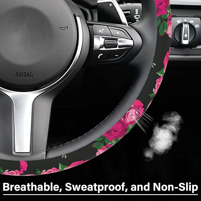 Red Rose Steering Wheel Cover, Cute Print Steering Wheel Cover Protector, Ultra-Thin with Personalized Pattern Design, Car Accessories for Women, for Steering Wheel with a Diameter of 14.5"-15"