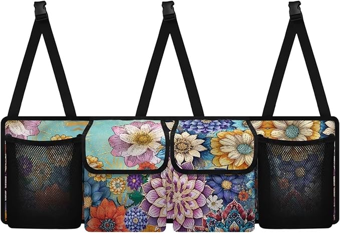 Boho Mandala Floral Blossom Car Trunk Organizer with 3 Adjustable Buckles Hanging Cargo Bag with 4 Storage Bags,Sturdy Space Saving Expert,Gift for Women