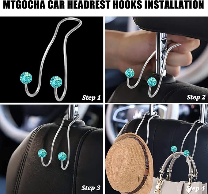 MTGOCHA Bling Purse Hook for Car Headrest, Upgraded Cute Car Seat Hooks for Bag Handbag, Durable Stainless Auto Purse Hanger Holder 2 Pack, Lake Blue