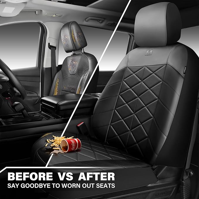 CAR PASS Nappa Leather Waterproof Car Seat Covers Two Front, 3D Foam Automotive Seat Covers with Memory Foam, Universal Fit for Cars SUV Truck Sedan, Airbag Compatible, Comfort 2 Rhomb Black Grey