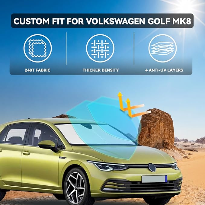 for Volkswagen Golf Mk8 2022-2025 2026 Windshield Sun Shade - 4 Layers Car Sunshades for Front Windows Shade Cover Custom Fit Golf Mk8 Sun Visor 250T Retractable Shade Blocks UV Rays Car Accessories