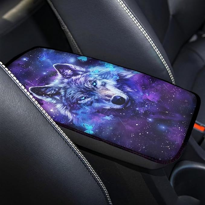Dreaweet Car Armrest Cover Pad Soft Center Console Cover Galaxy Wolf Car Accessories for Men Boys,Universal Armrest Cover for Car Truck SUV Sedan