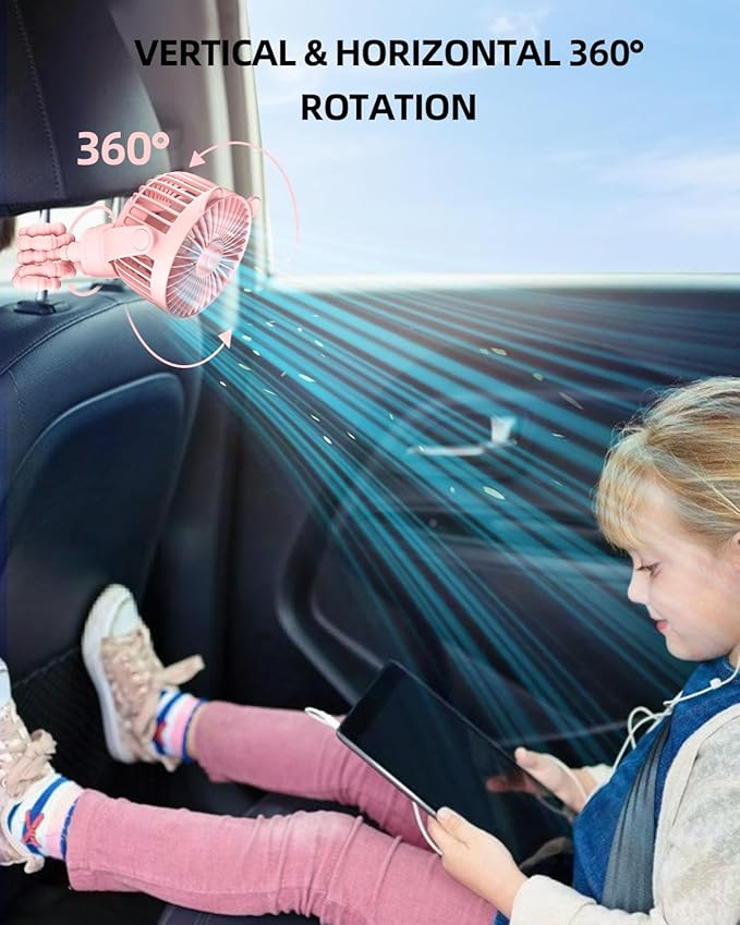buywoo Portable Stroller Mini Fan, Small Rechargeable Personal Cooler w/ 360° Rotation, Baby Essentials for Car Seat, Crib, Bike, Treadmill, 3-Speed Battery Powered Stroller Accessories, Pink