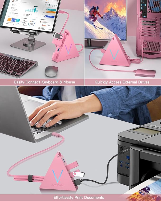 USB C Hub, Type C to 4 USB 3.0 Ports with 2 FT Extension Cables,Thunderbolt to USB Hub Adapter for iPad Pro/Air, MacBook Pro, Mac mini, iMac, Surface,XPS, Mouse, External Hard Drives(Pink)